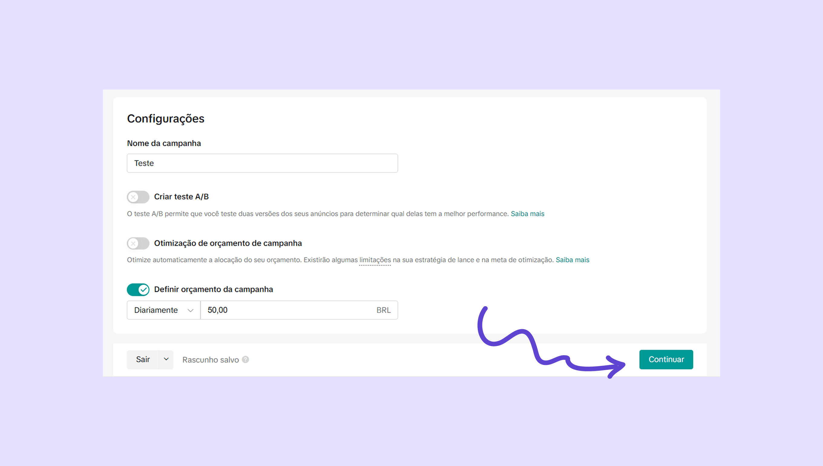 Campaign settings page with highlighted option to define campaign budget and continue.